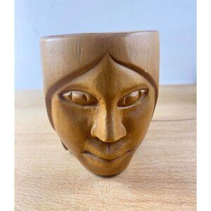 Boho Hand Carved Wooden Mug With Face Design & Handle Tiki Phillipines Boho